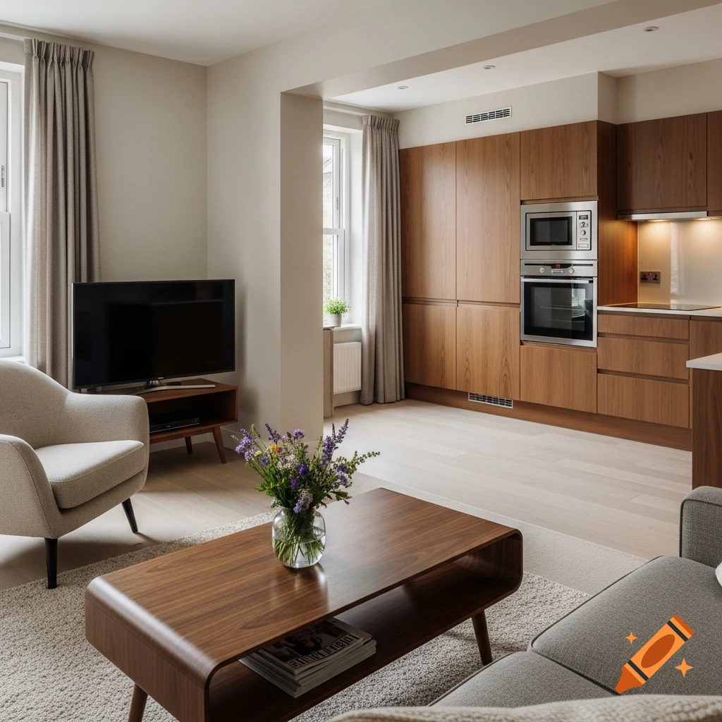 A modern, open-plan living room and kitchen. The living area features a light gray armchair, a dark wood coffee table with a vase of flowers, and a black flat-screen TV. The kitchen has wood cabinets, a microwave over an oven, and light wood flooring.