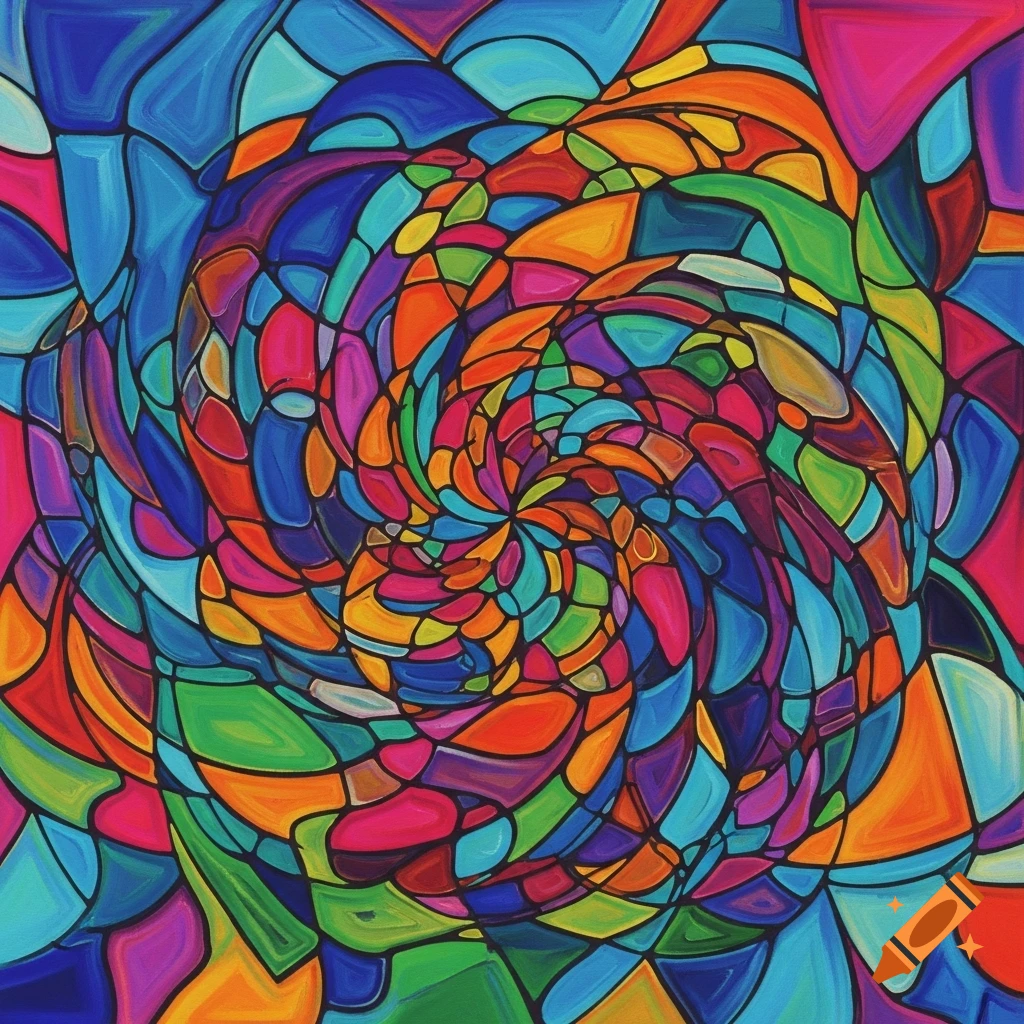 An abstract, colorful pattern resembling stained glass with a swirling, mosaic-like design.