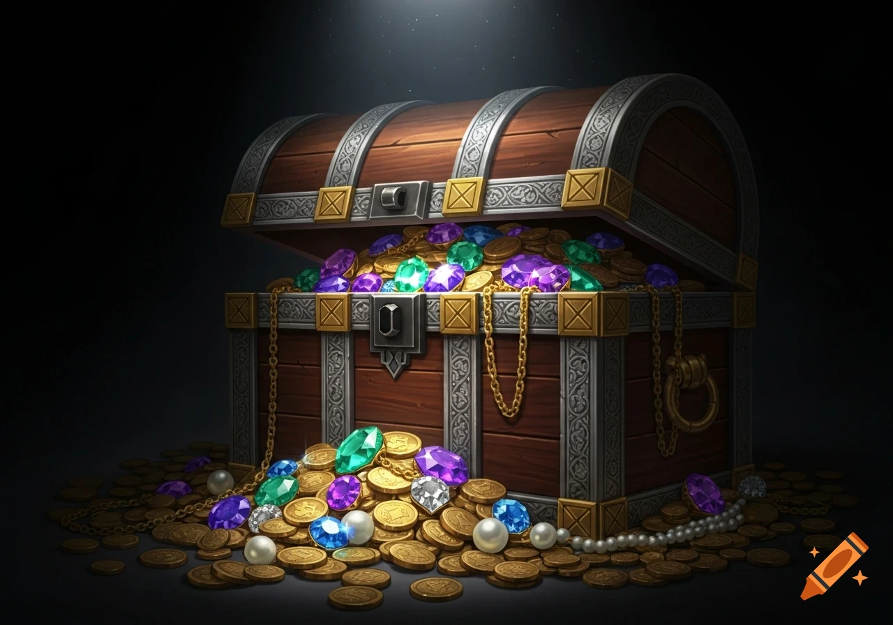 An open wooden treasure chest overflowing with gold coins, sparkling gems, and white pearls, dramatically lit against a dark background.