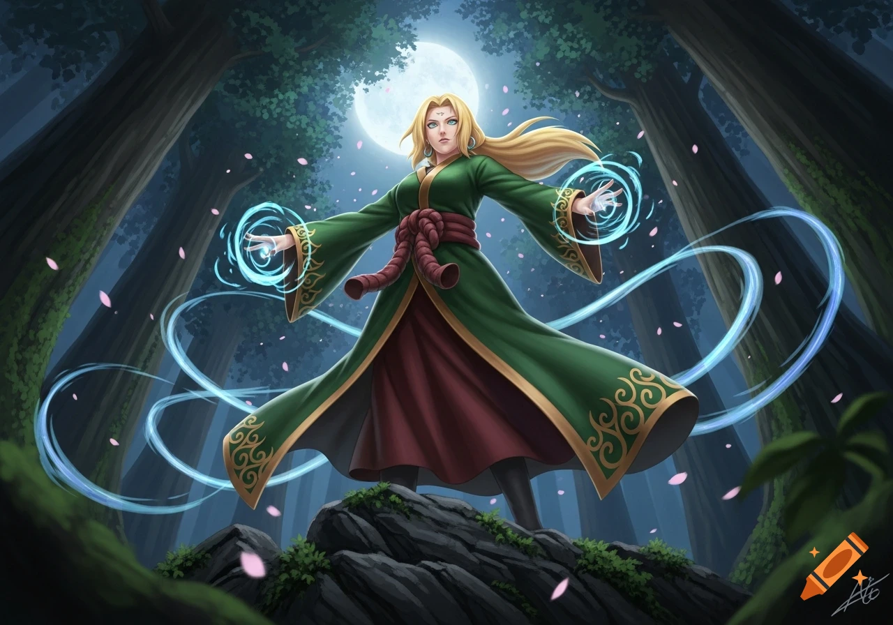 Tsunade from Naruto in a dark forest under a full moon, casting a blue magic spell as pink petals fall.