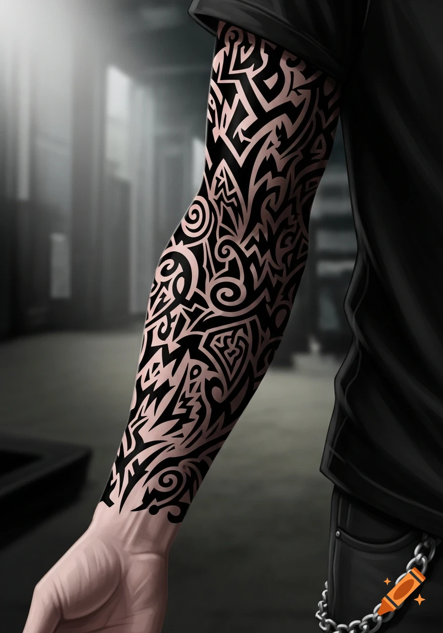 Close-up of an arm with a black tribal full-sleeve tattoo, wearing a black t-shirt and jeans with a chain, in an urban setting, digital illustration.
