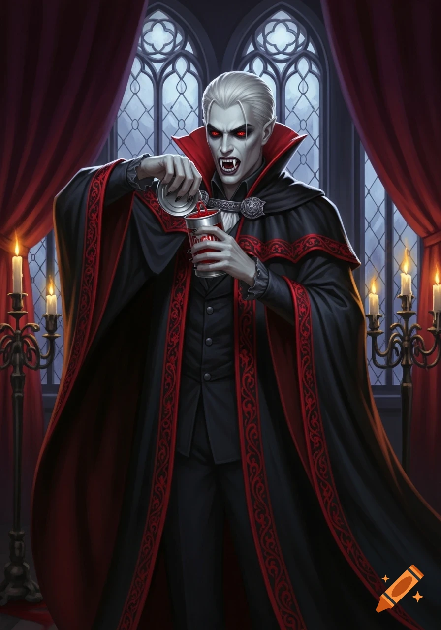 A pale vampire with red eyes and fangs, wearing a black and red cape, pours red liquid from a can into a glass in a gothic room.