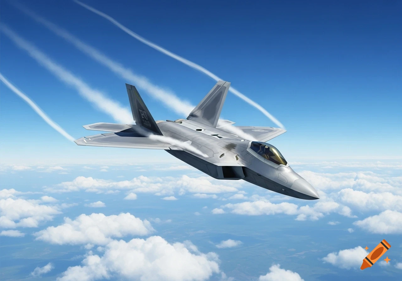 A photorealistic grey F-22 fighter jet flies through a bright blue sky with white contrails, above scattered clouds.