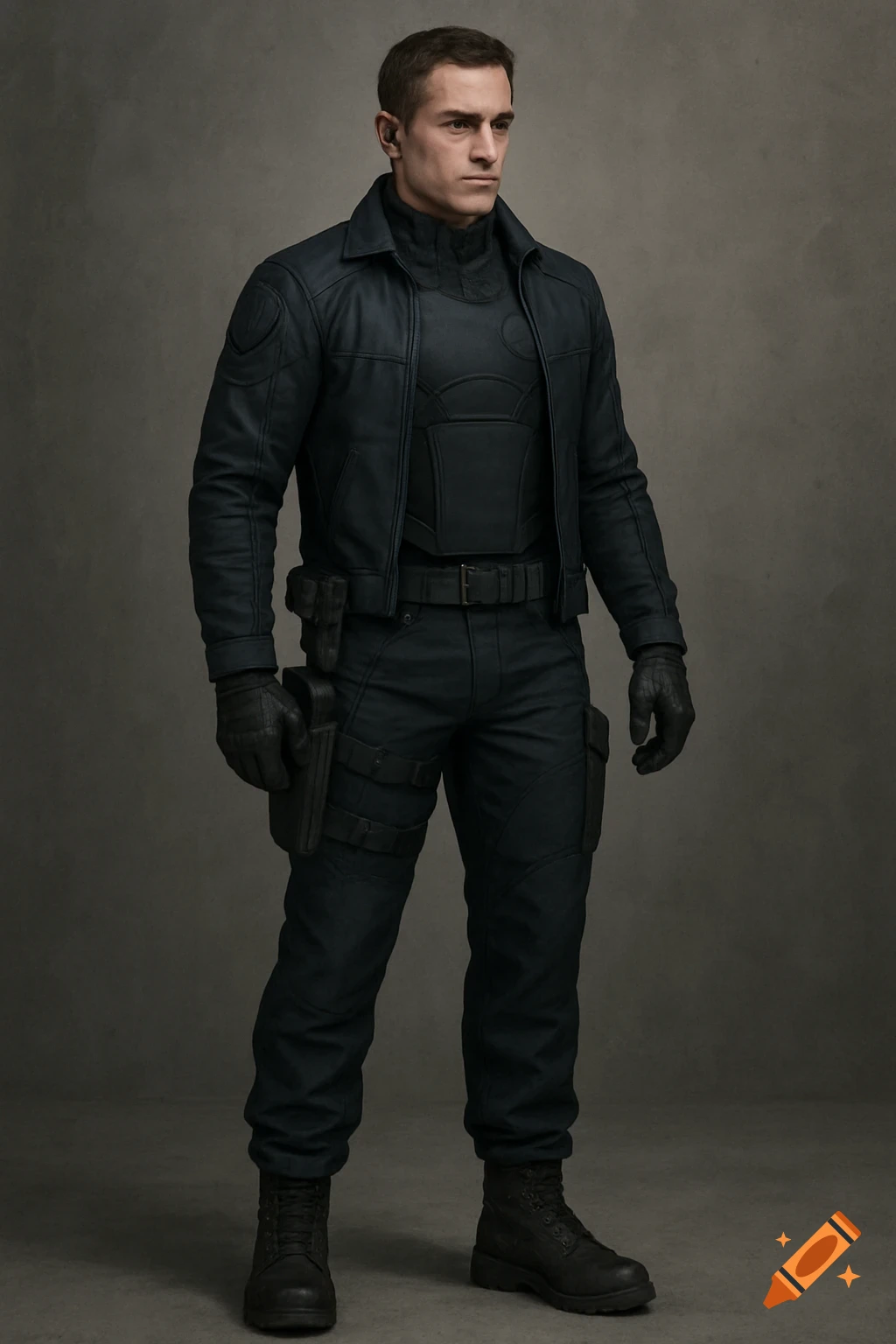 A man in a dark tactical suit, jacket, gloves, and pistol holster stands against a grey background, photorealistic style.