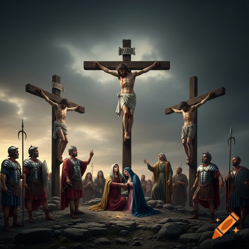 Jesus and two robbers crucified under a gloomy sky, with Roman soldiers and mourning women below, in a photorealistic style.