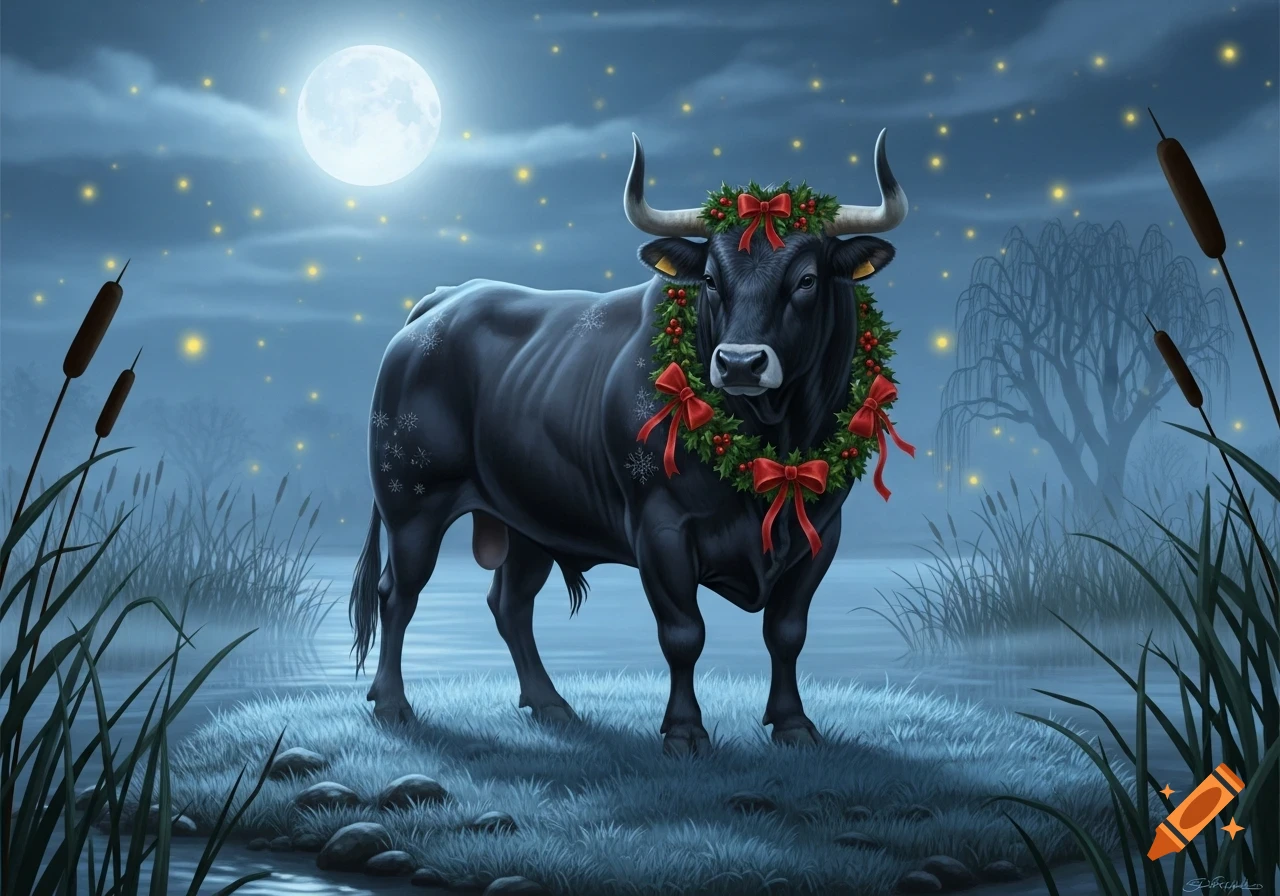 A majestic black bull with large horns wears a red and green Christmas ...