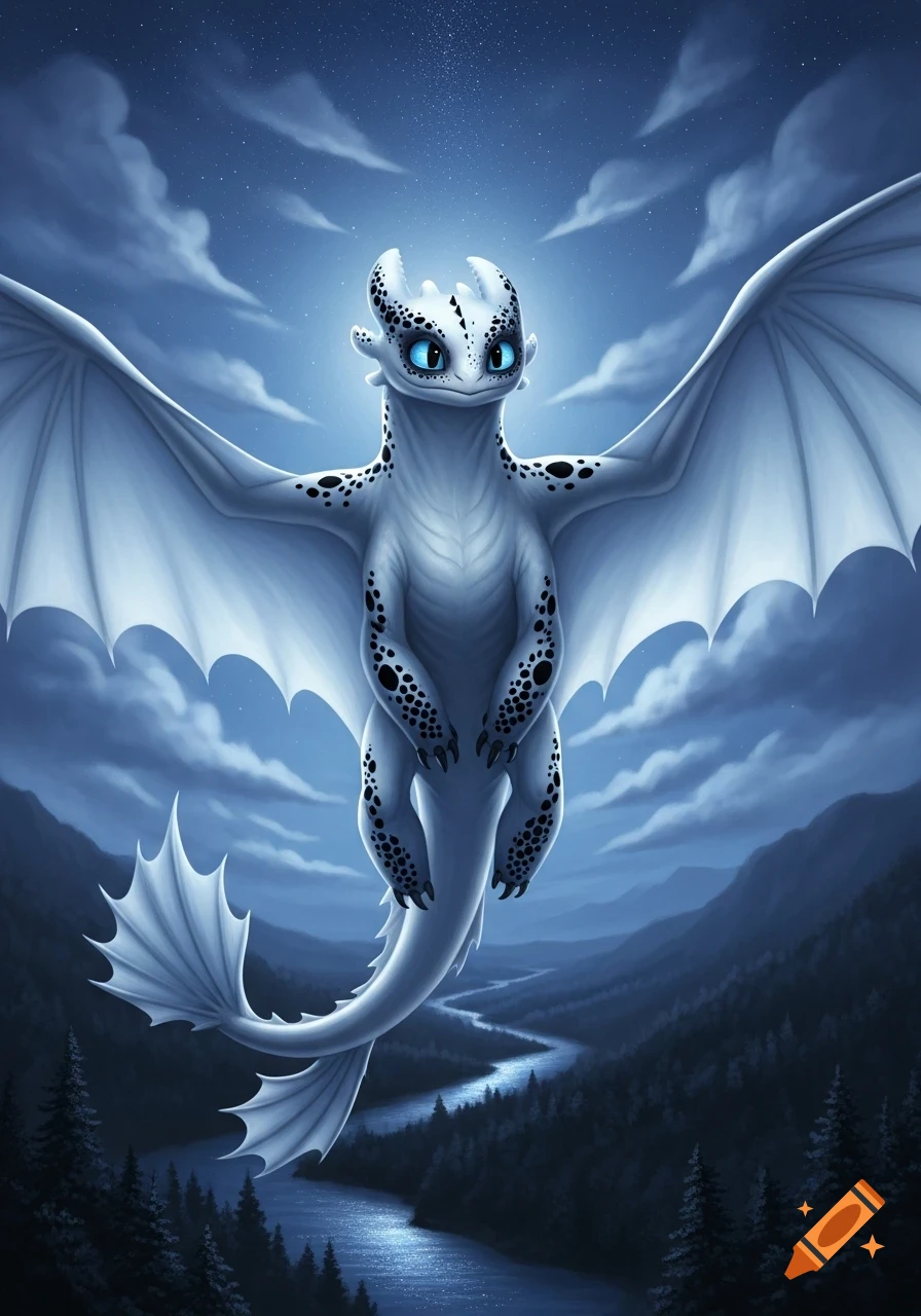 A white dragon with blue eyes and black spots flies over a moonlit mountainous landscape with a glowing river.