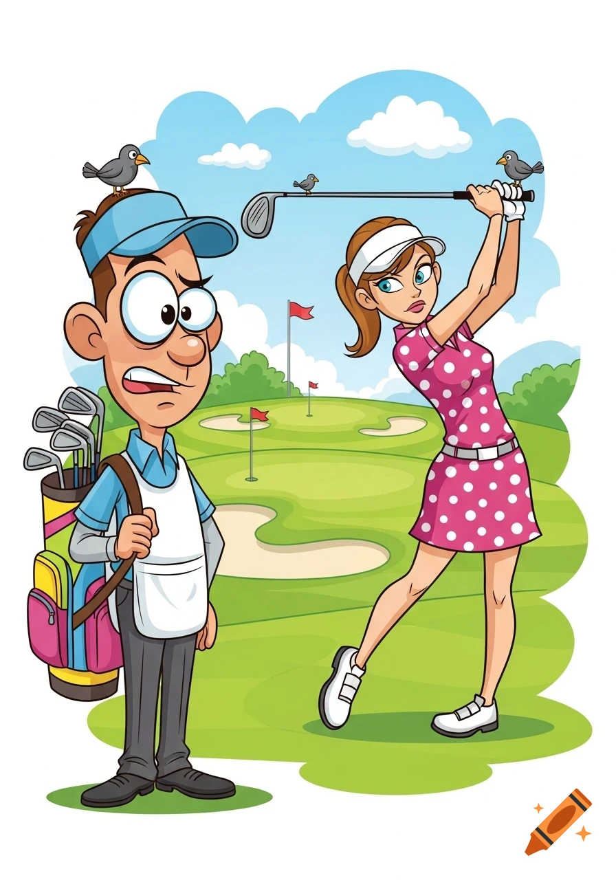 A cartoon male golf caddy with a concerned expression watches a female golfer in a pink polka dot dress swing a golf club.