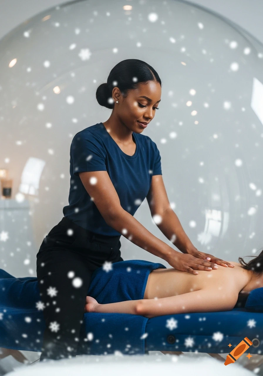 A Black female massage therapist in a navy blue shirt massages a client on a blue table inside a snow globe with falling snowflakes.