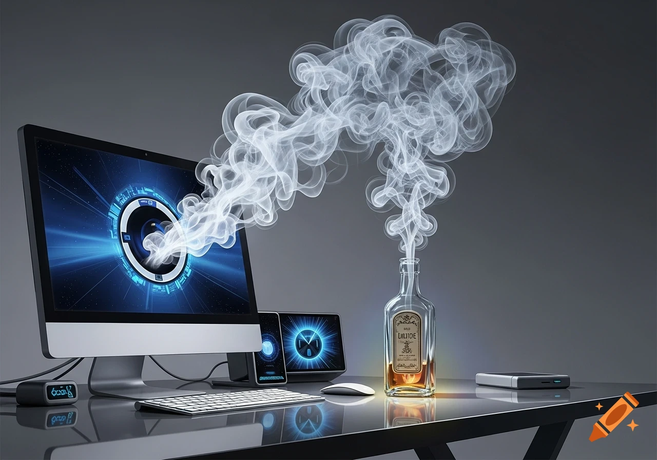 Smoke billowing from a computer monitor and a bottle on a dark desk with tech gadgets, in a photorealistic style.