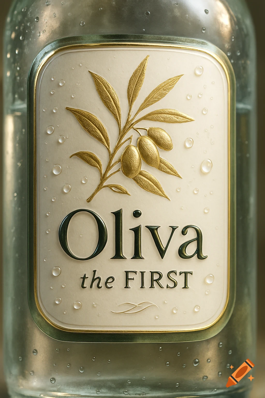 Close-up of a bottle label featuring an embossed golden olive branch and text 'Oliva the FIRST' on a cream background, with water droplets.