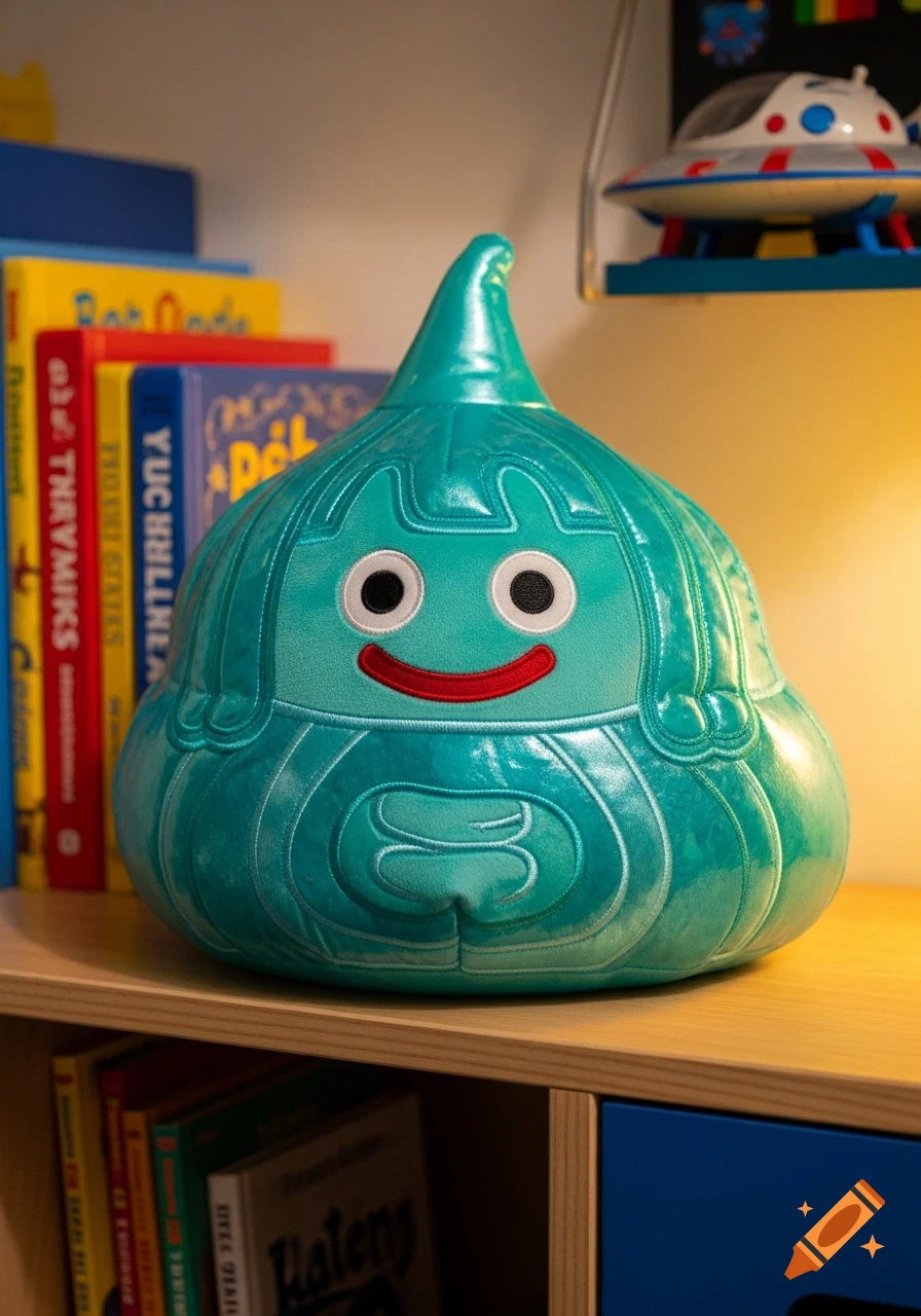 A teal plush toy of a smiling, droplet-shaped monster sits on a wooden shelf next to books and a toy spaceship.