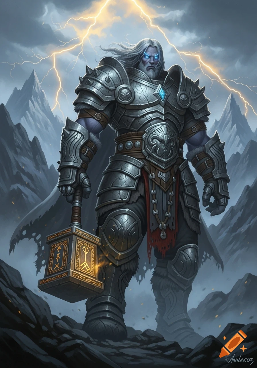 A powerful fantasy Goliath barbarian in ornate silver armor with glowing blue eyes, holding a large runic hammer under a lightning storm in the mountains.