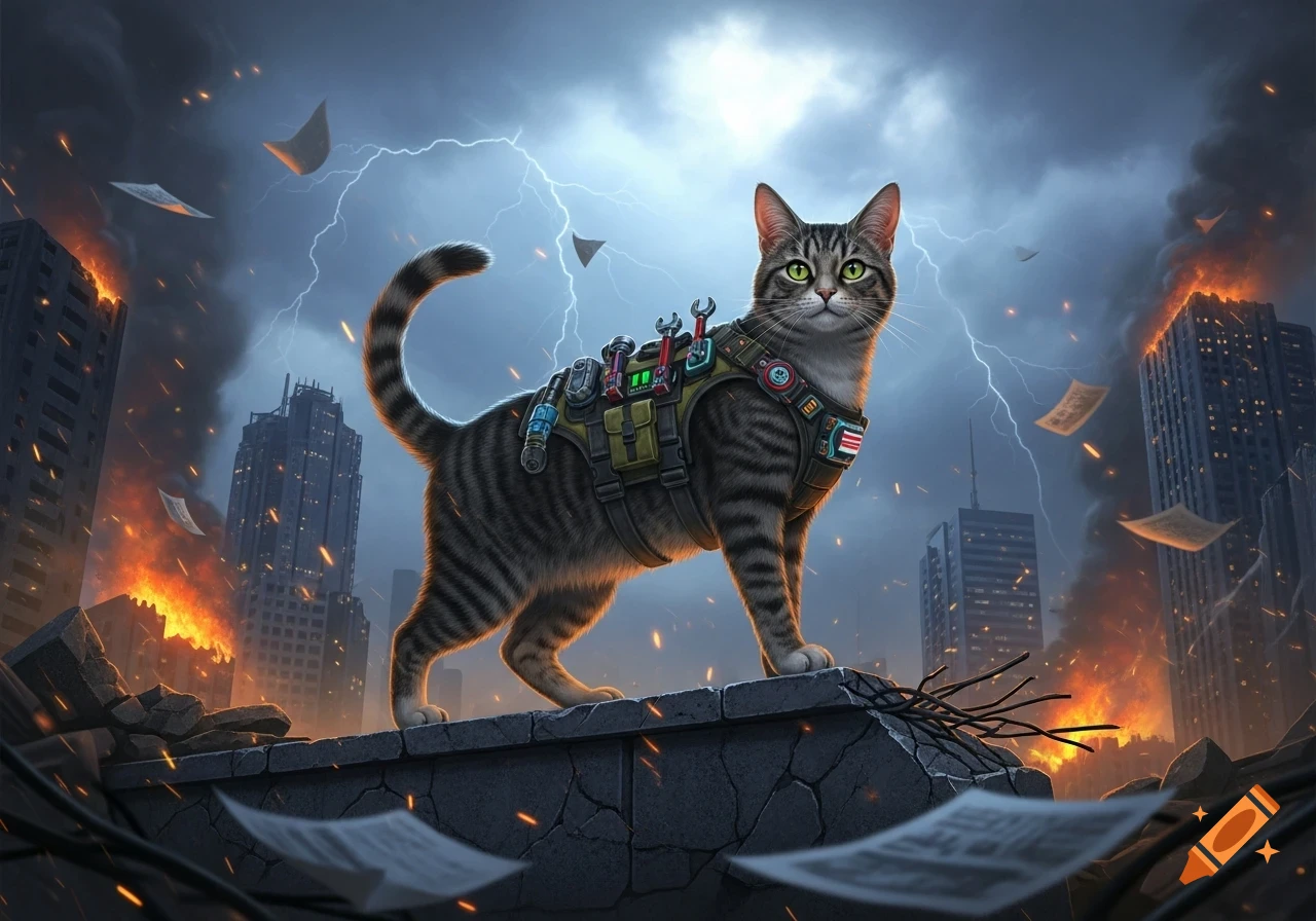 A tabby cat wearing a tactical harness stands atop a ruined building in a burning, lightning-struck city.