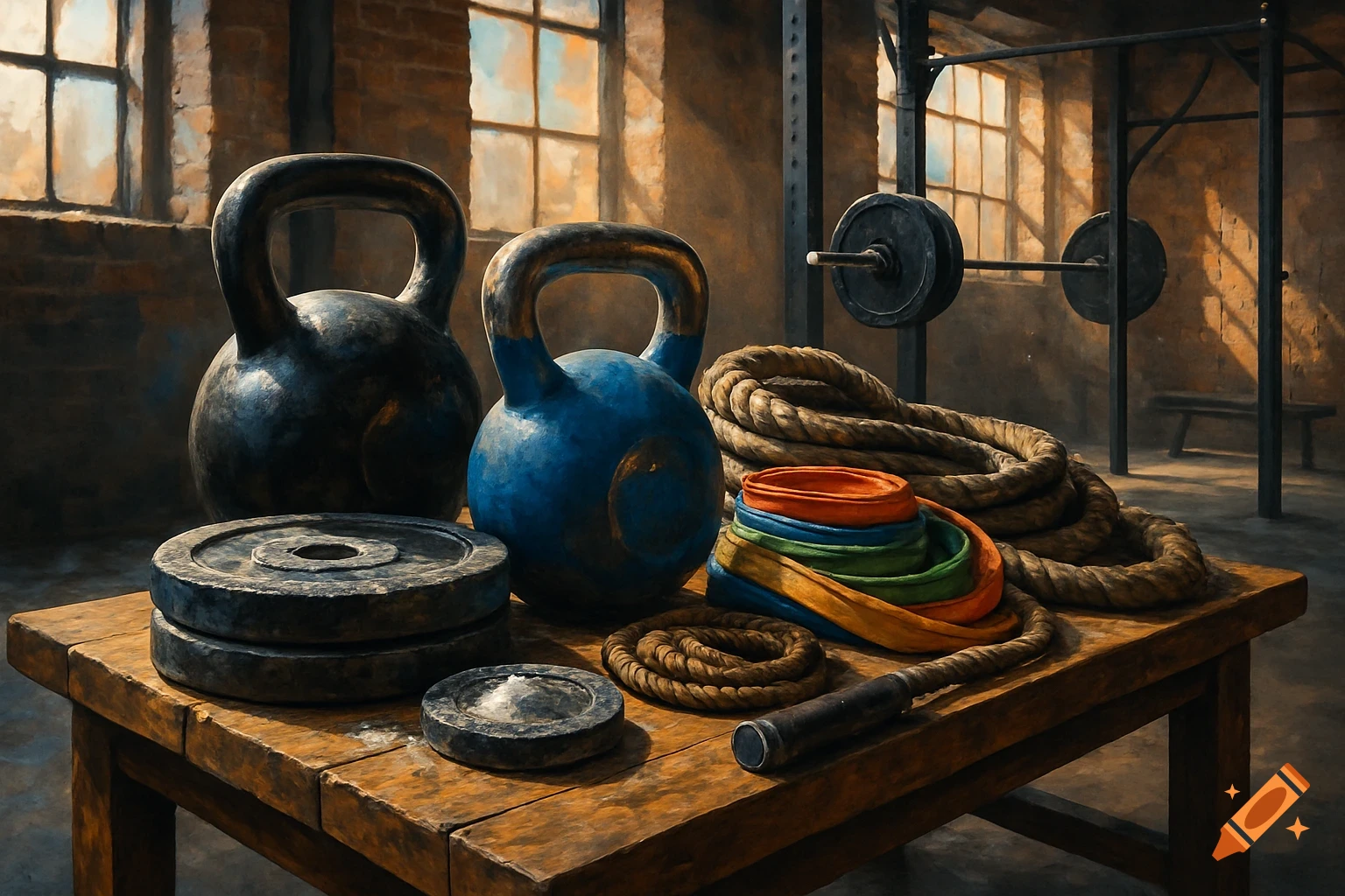 An oil painting of various CrossFit gym equipment like kettlebells, weight plates, ropes, and resistance bands on a wooden table in a sunlit gym.