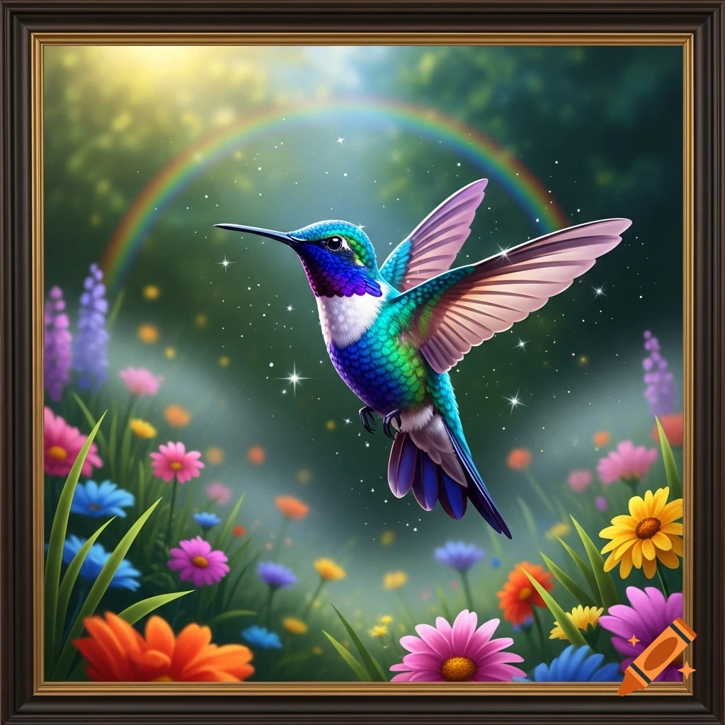 A vibrant, iridescent hummingbird with spread wings flies in a colorful, magical garden under a rainbow, surrounded by flowers and sparkles.