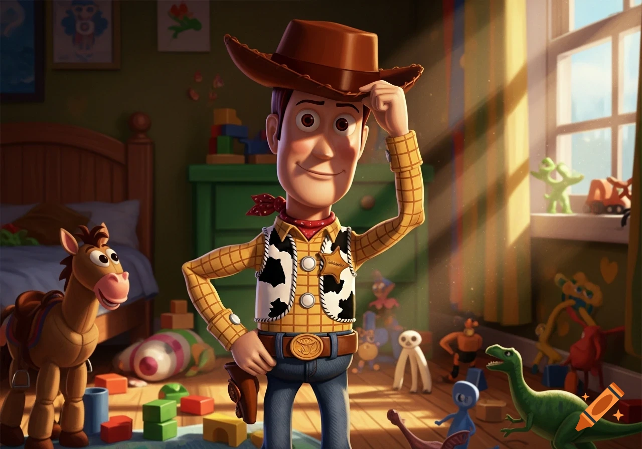 Woody, the cowboy doll, stands in a child's bedroom with other toys like Bullseye and a dinosaur, in an animated style.