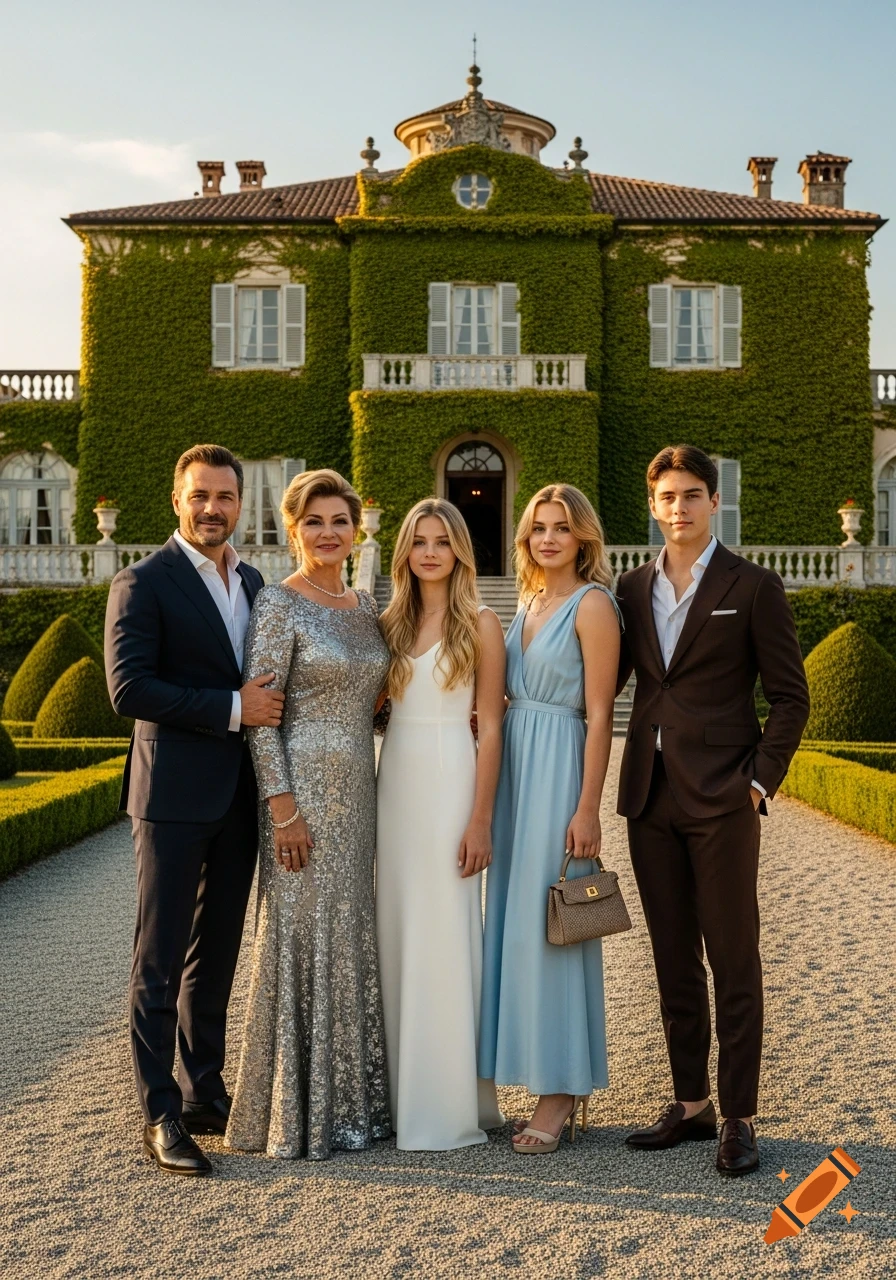 A well-dressed family, a man, a woman, and three young adults, pose formally in front of an ivy-covered mansion and manicured gardens.