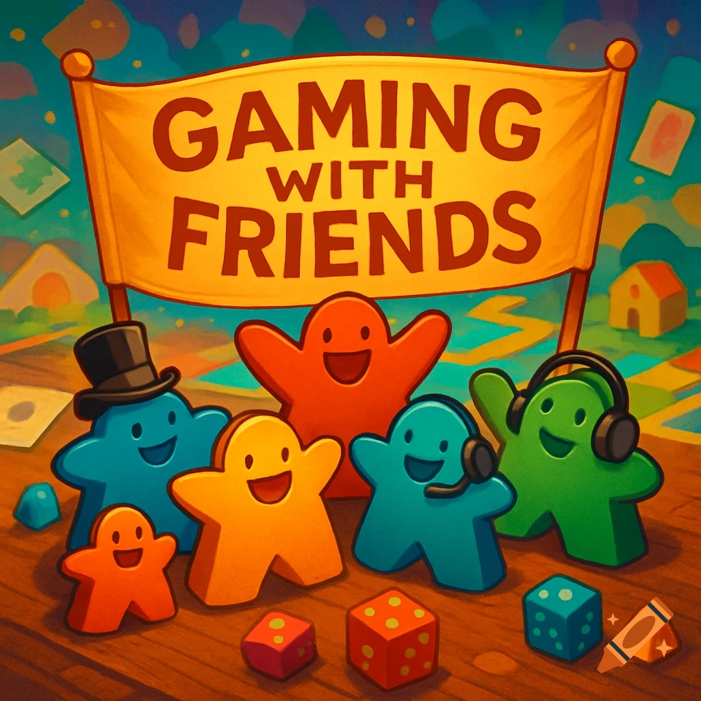 Colorful cartoon meeples and dice around a banner saying 'GAMING WITH FRIENDS' in an illustrative style.