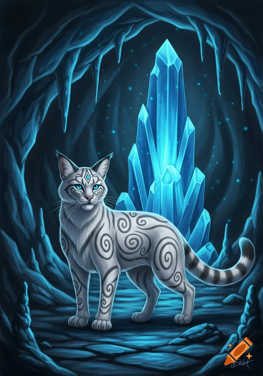A stylized white cat with blue eyes and spiral markings stands in a glowing crystal cave.