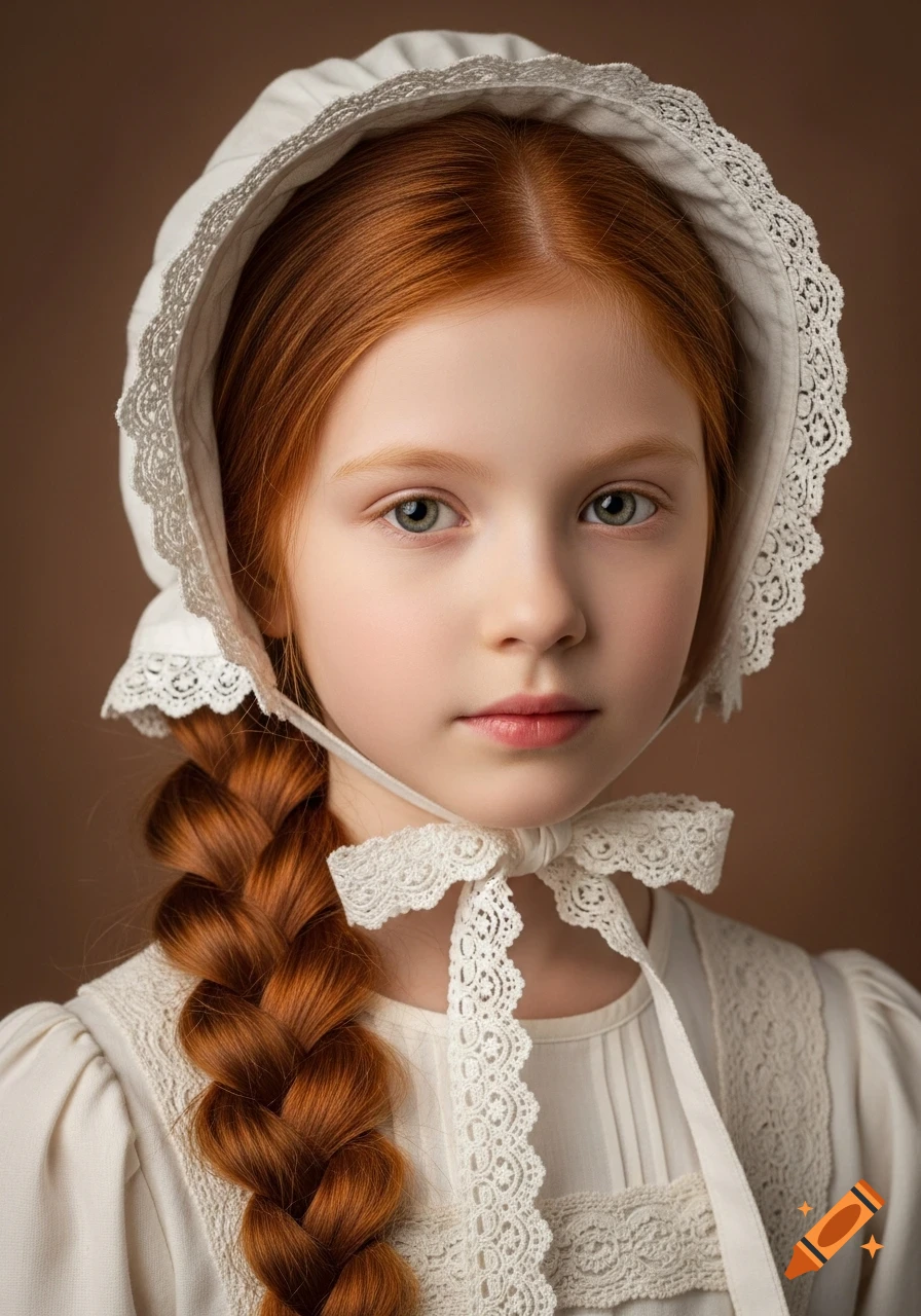 Photorealistic portrait of a young red-haired girl wearing a white lace bonnet and a thick braided pigtail over her shoulder.