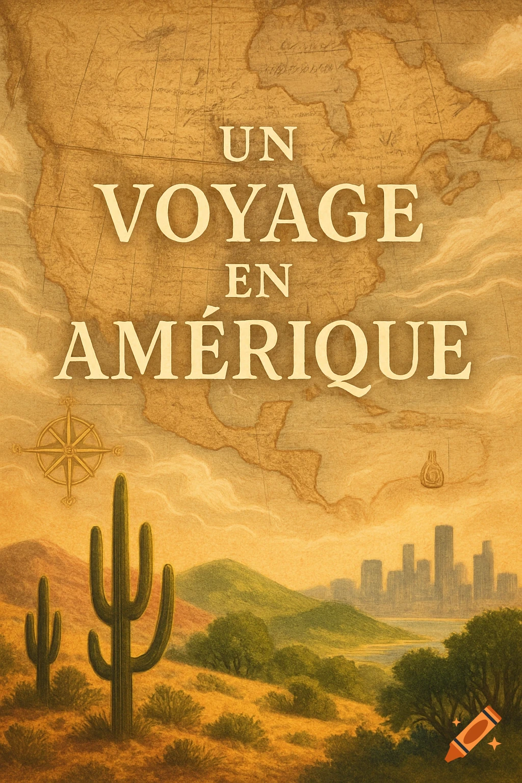 Vintage map of North America over desert landscape with saguaro cacti, city skyline, and text 'UN VOYAGE EN AMÉRIQUE'.