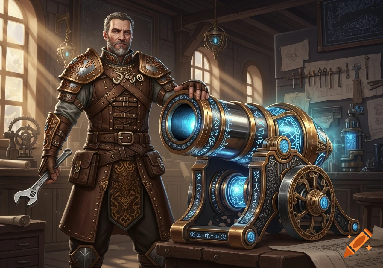 A distinguished artificer in ornate armor and leather stands next to a glowing, runic steampunk cannon in a detailed workshop.