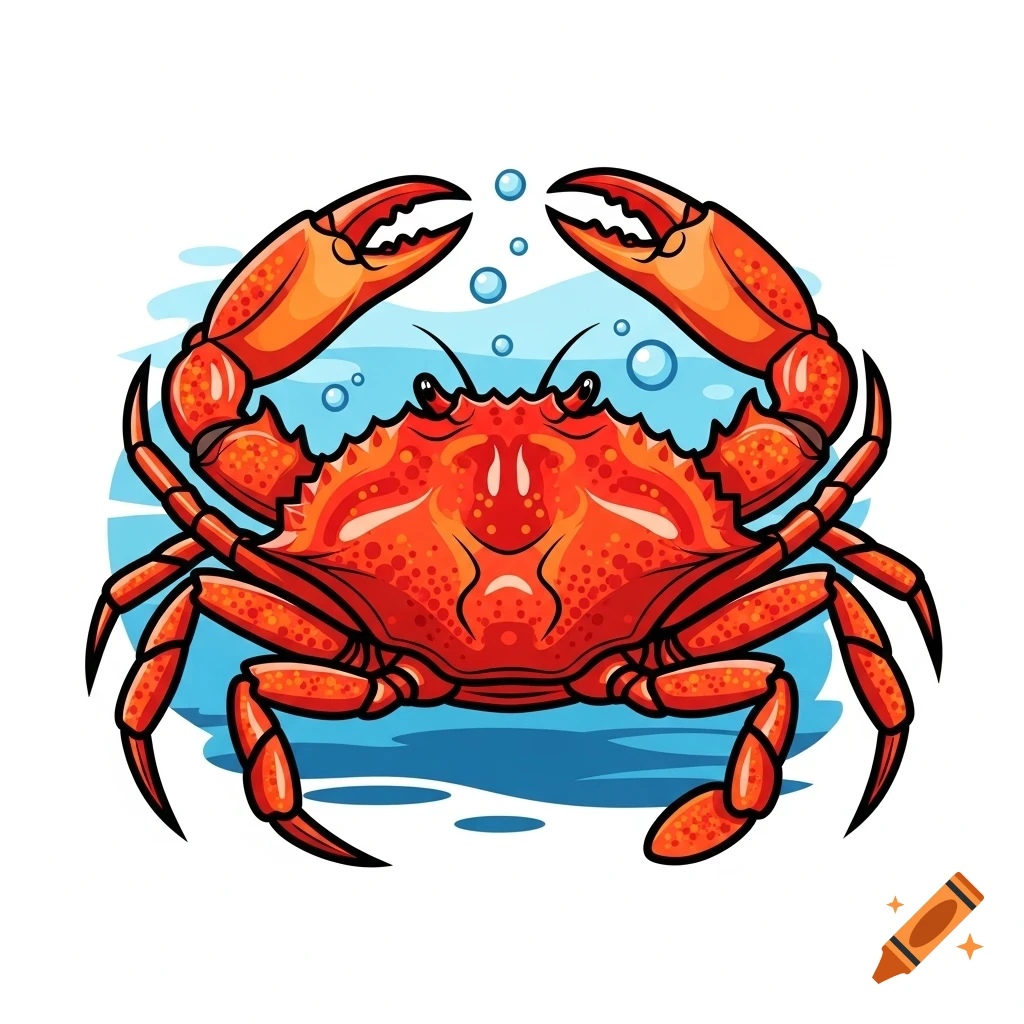 A vibrant red cartoon crab with raised claws, surrounded by blue water and bubbles, in a clipart style.