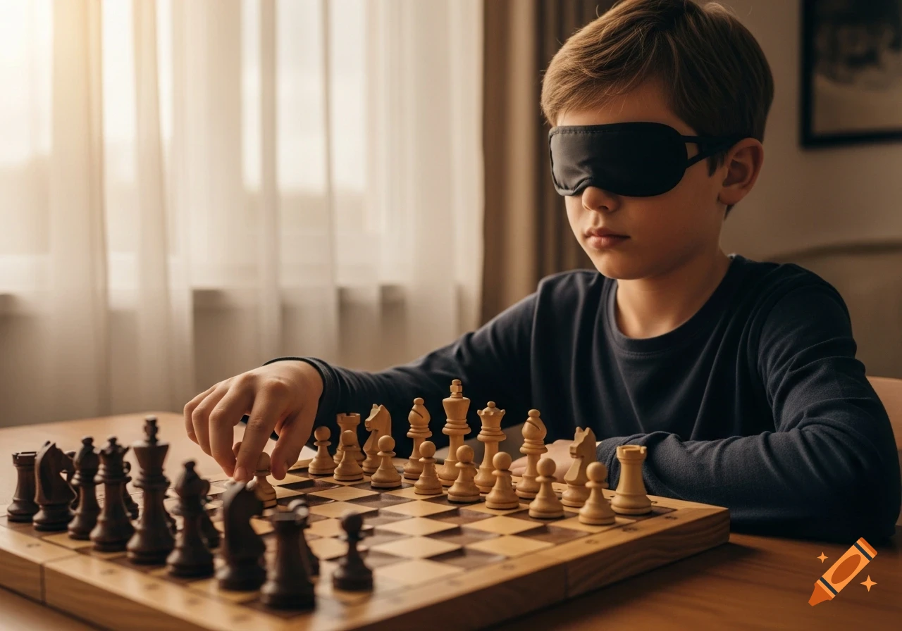 A boy wearing a blindfold sits at a wooden table, moving a white chess piece on a chessboard.