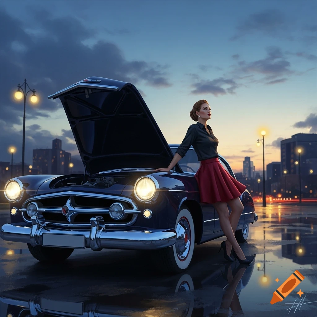 A woman in a red skirt leans on a classic car with its hood up on a wet city street at dusk, city lights reflecting.