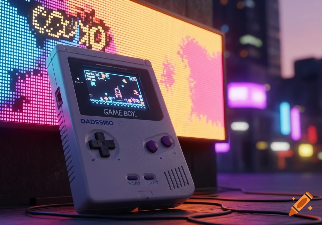 A close-up shot of a classic grey Game Boy handheld console, playing a pixelated game, set against a blurred neon-lit cityscape at dusk.