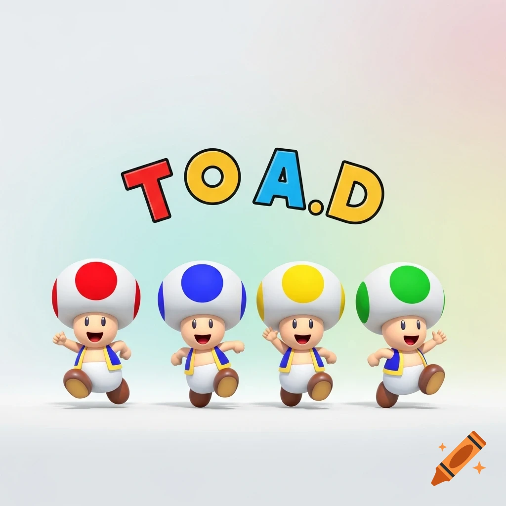 Four Mario Toads (red, blue, yellow, green) running under the text 'TOA.D' on a minimalist background.
