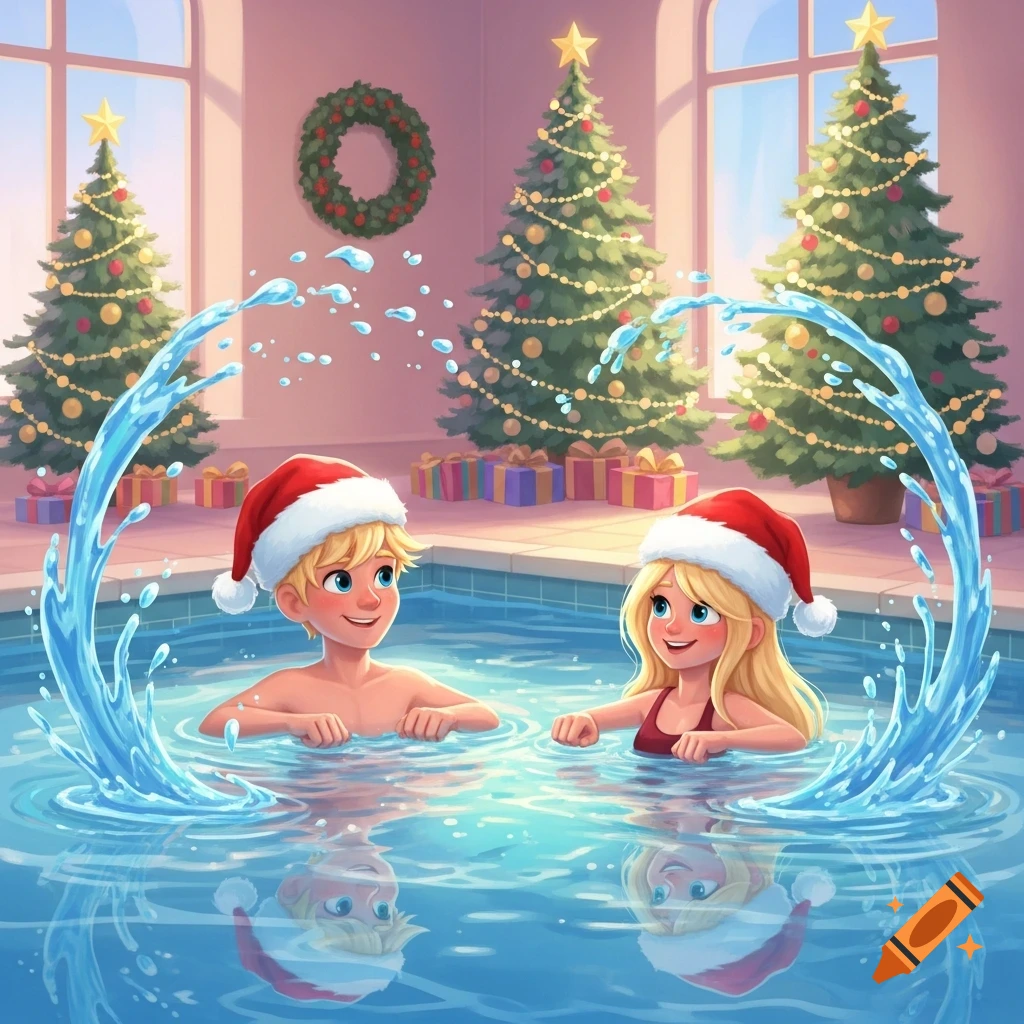 A Pixar-style illustration of a blonde man and woman in Santa hats splashing in an indoor pool with decorated Christmas trees.