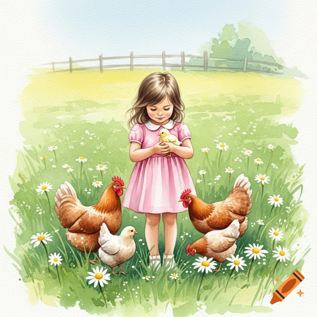 A watercolor illustration of a young girl in a pink dress holding a chick, surrounded by chickens and daisies in a grassy meadow with a fence.