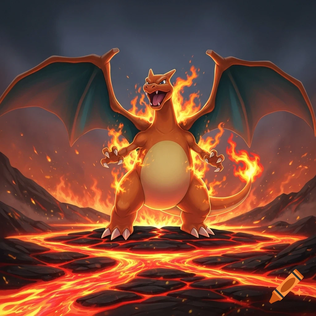 Charizard stands powerfully in a volcanic landscape with fiery wings spread and lava flowing, digital art.