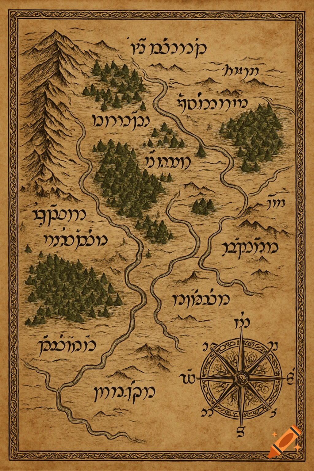 A detailed, sepia-toned fantasy map in J.R.R. Tolkien's style, featuring mountains, forests, rivers, and a compass rose.