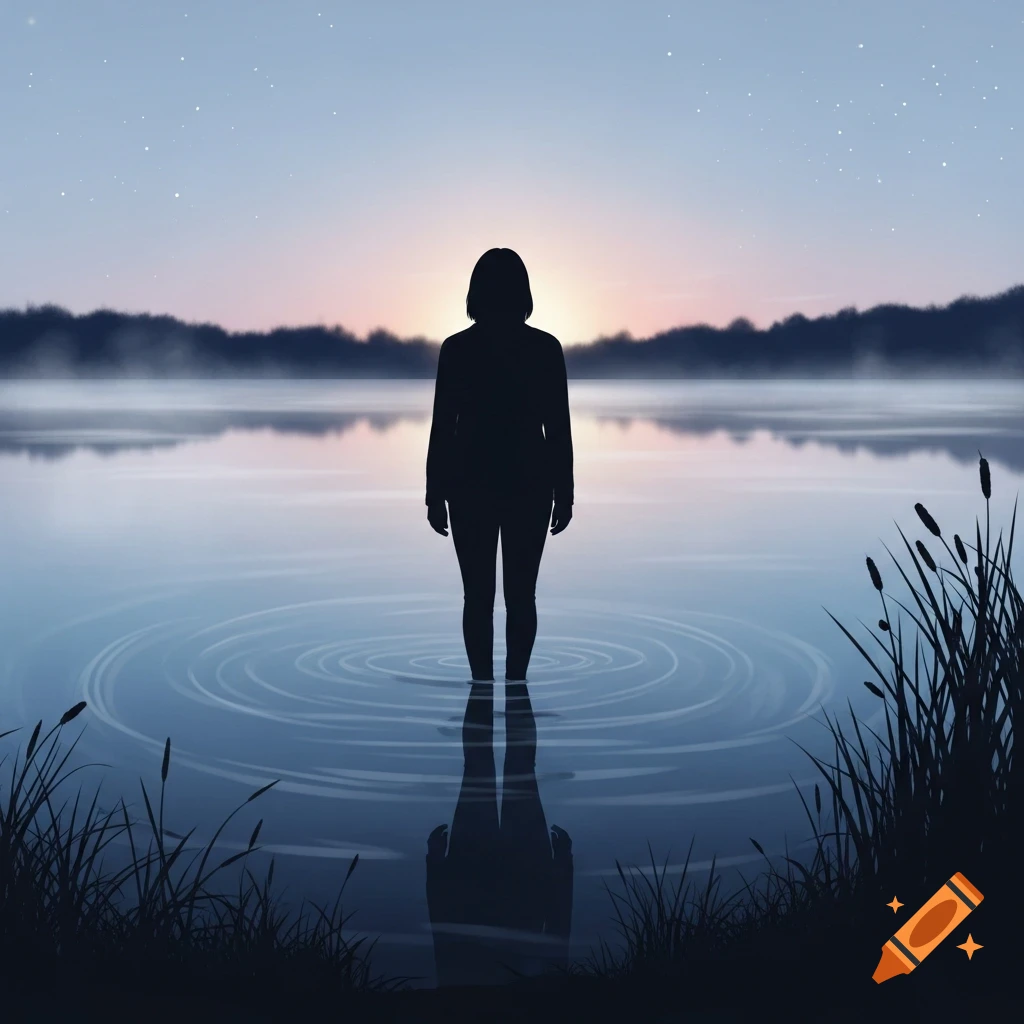Silhouette of a person standing in still water, creating ripples. Misty lake at sunrise or sunset with distant trees and reflections.