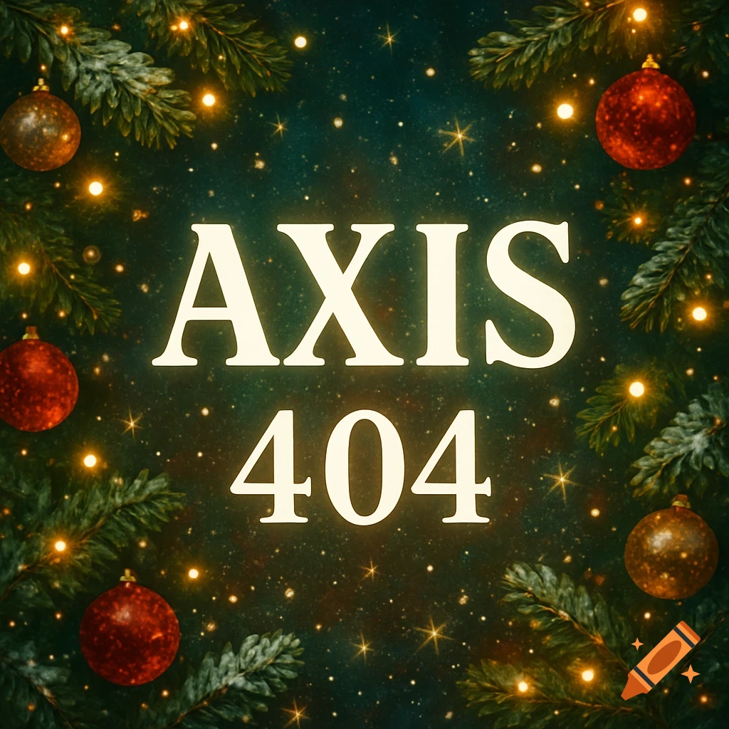 Christmas background with fir branches, red and gold ornaments, and sparkling lights framing white text 'AXIS 404'.