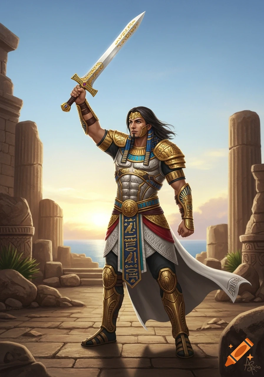 A fantasy warrior in ornate gold and silver Egyptian-Mayan armor holds a glowing sword aloft against a backdrop of ancient ruins and a sunset over the sea.
