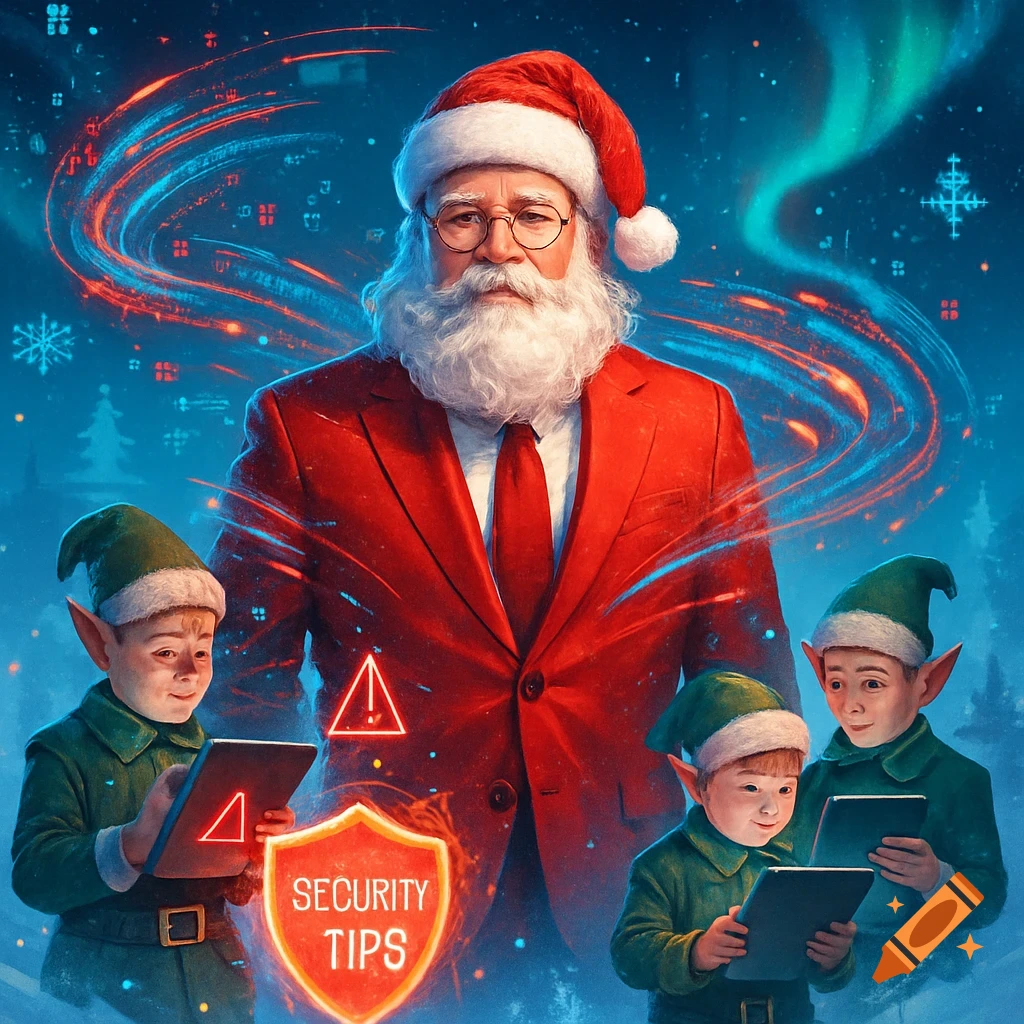 Santa in a red suit with two elves looking at tablets, surrounded by cyber security symbols and swirling blue and red lights.