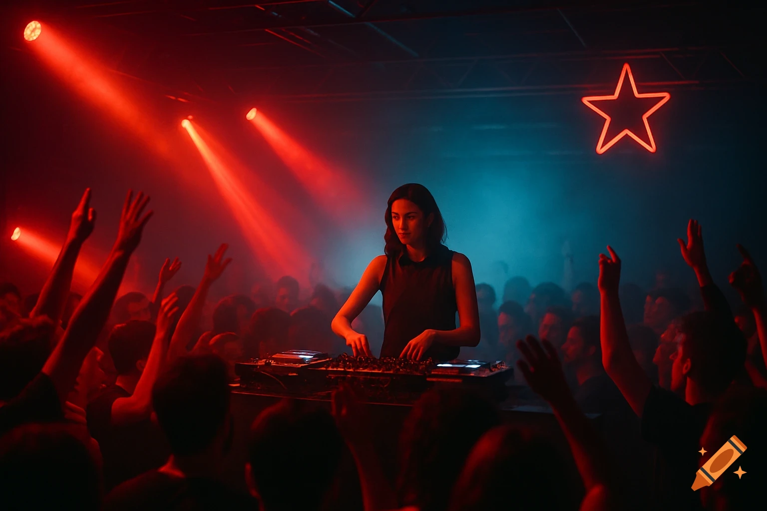 A female DJ at a crowded club with red and blue lights, a neon star, and a cheering audience.