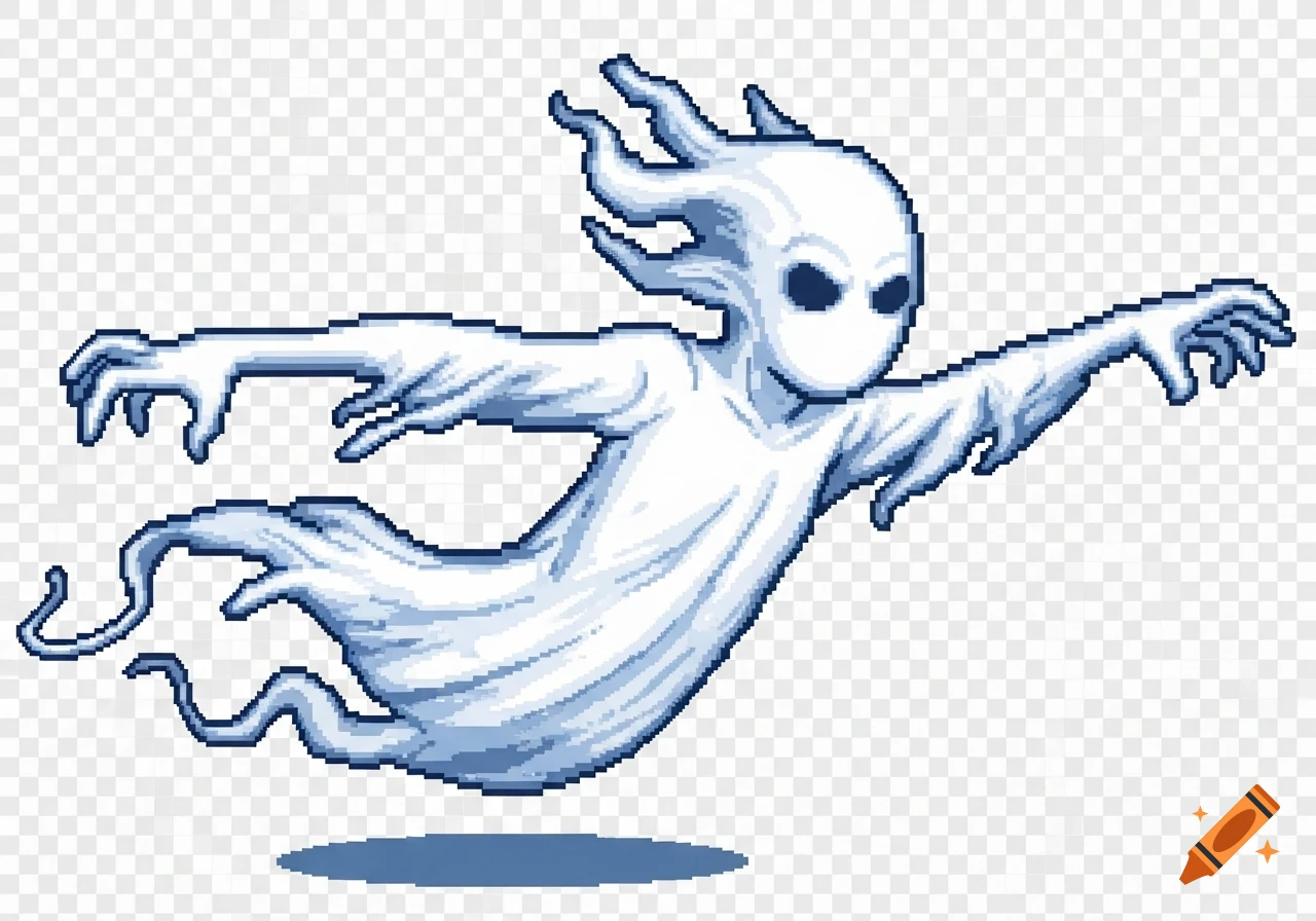 Pixel art illustration of a white ghost with dark eyes and clawed hands, floating with a blue shadow on a transparent background.