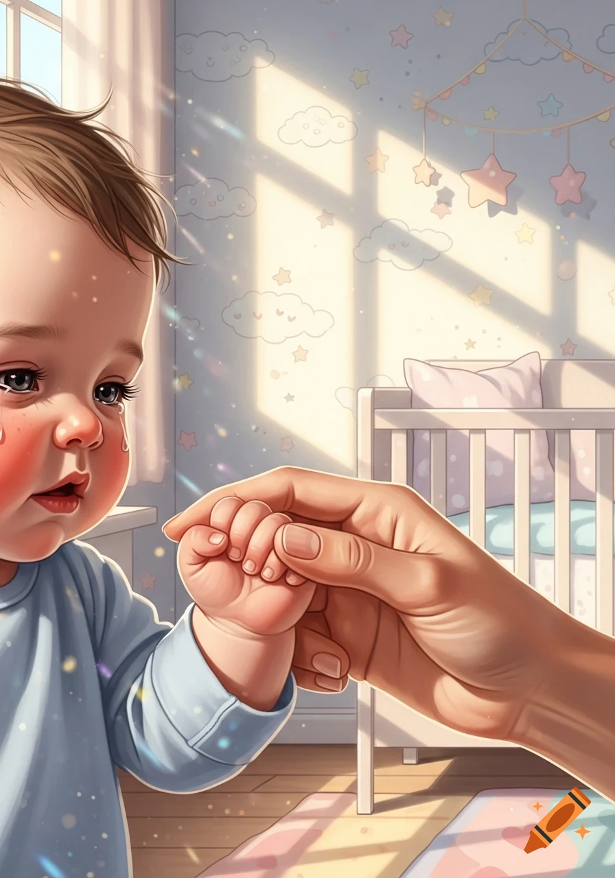 A crying baby in a blue top holds an adult's hand in a softly lit nursery with patterned wallpaper and a crib.