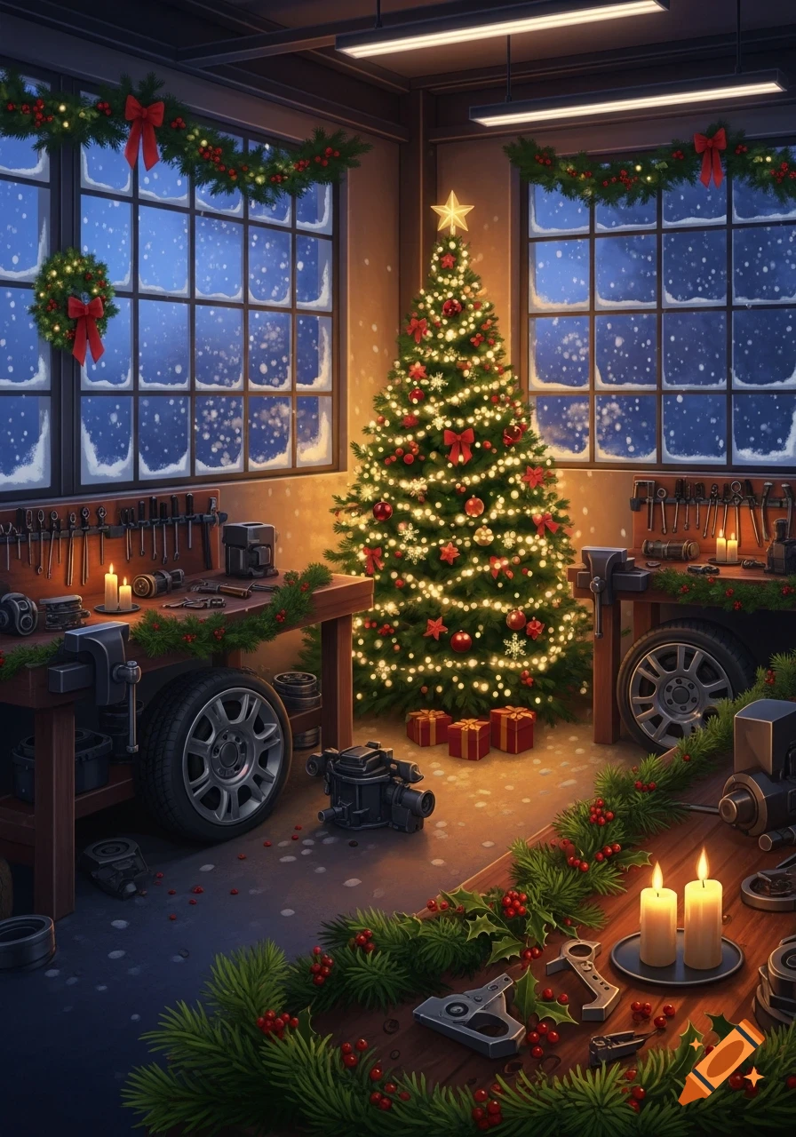A cozy auto workshop decorated for Christmas, featuring a brightly lit tree, tools on workbenches, car parts, and snowy windows at night. Digital art.