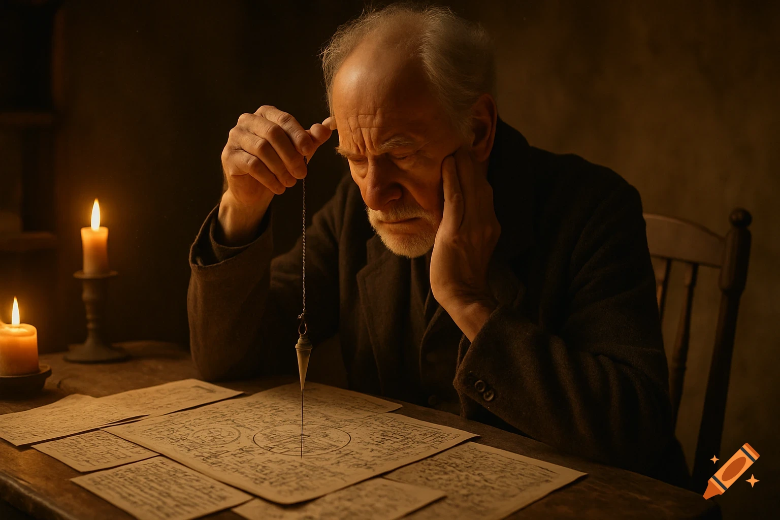 An old man with white hair and beard intently uses a divinatory pendulum over handwritten notes on a candlelit table, in a dramatic, dark setting.