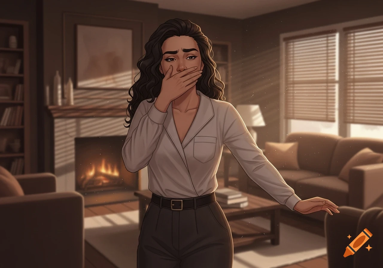 Illustrated woman with dark, curly hair covering her mouth in a cozy living room with a fireplace and warm lighting.