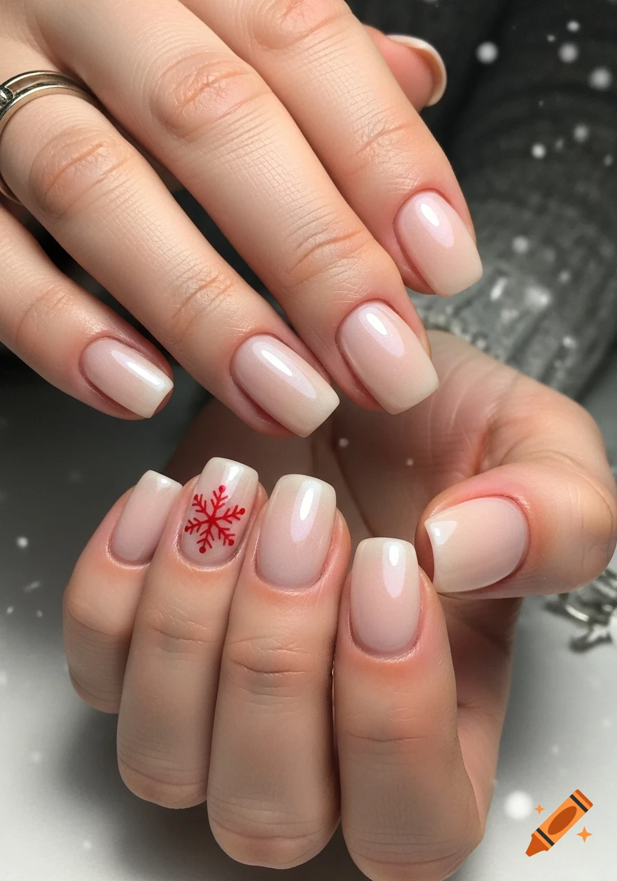 Close-up of hands with manicured nude nails, one ring finger featuring a small red snowflake.