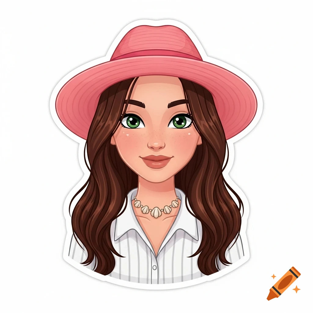 A smiling cartoon avatar of a girl with brown hair and green eyes, wearing a pink hat, a shell necklace, and a white striped shirt, in sticker style.