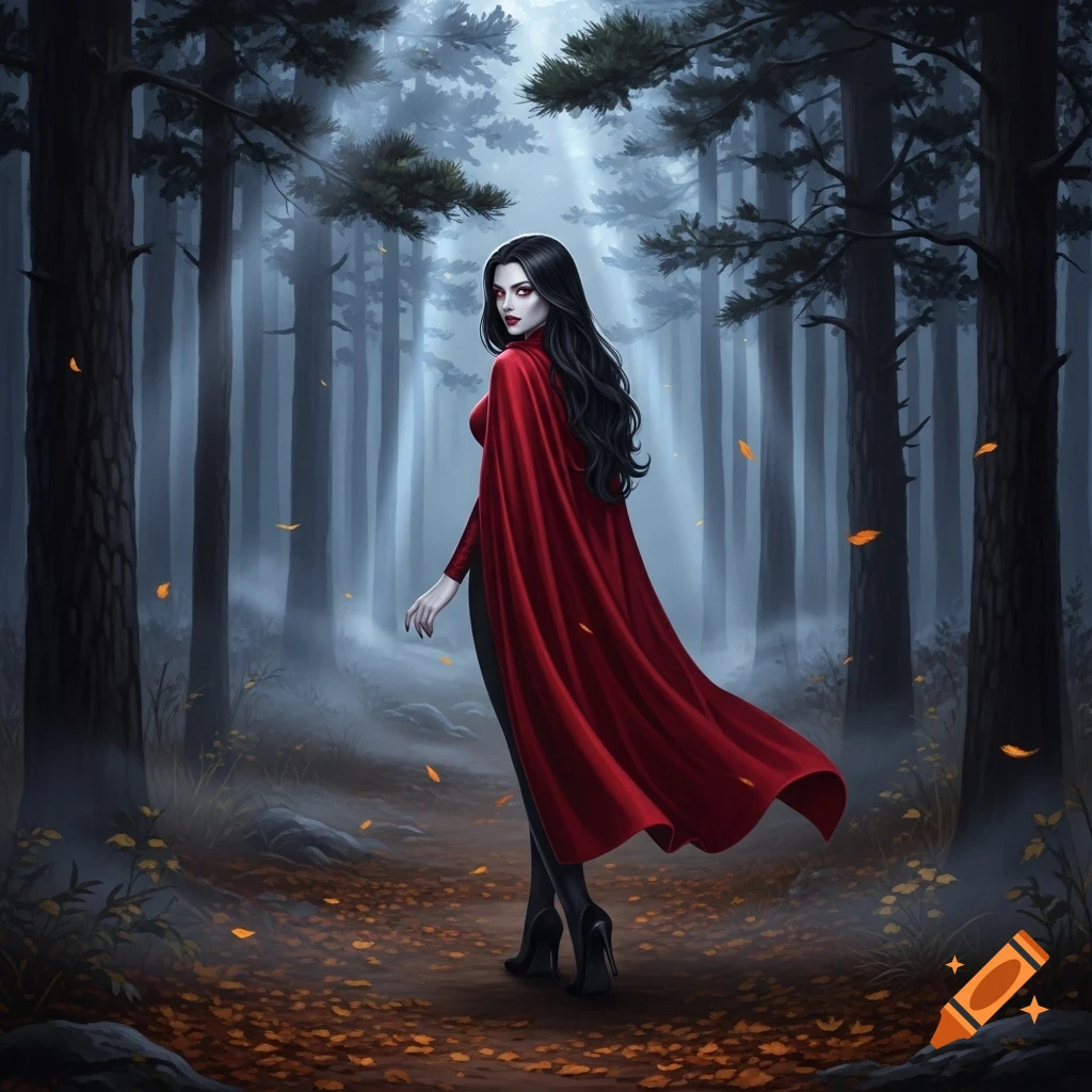 A dark-haired vampire woman in a flowing red cape walks through a misty pine forest, looking over her shoulder.