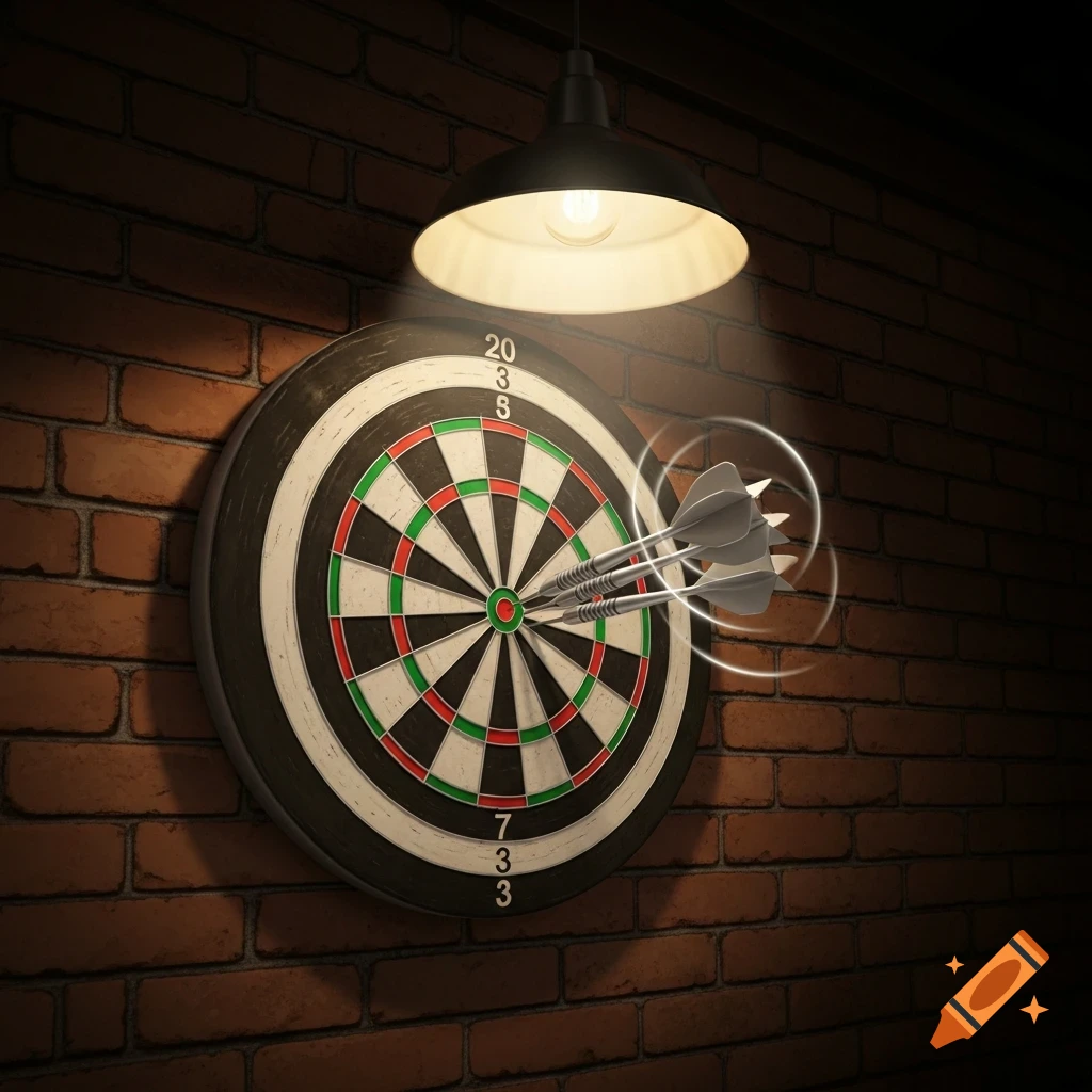 Photorealistic image of a dartboard hanging on a brick wall, lit by an overhead lamp, with three darts embedded near the bullseye.